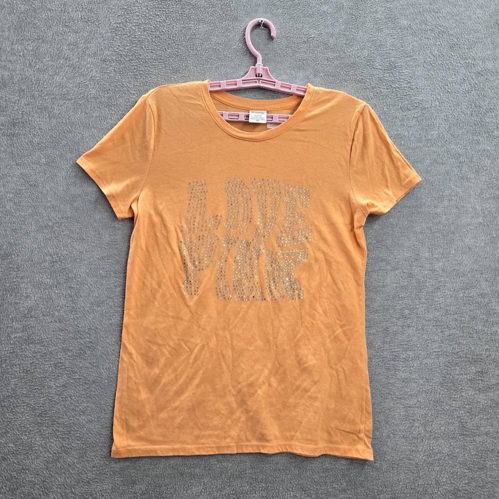 PINK Victorias Secret Women Shirt M Orange‎ Rhinestone Bling Crew Neck Pullover
